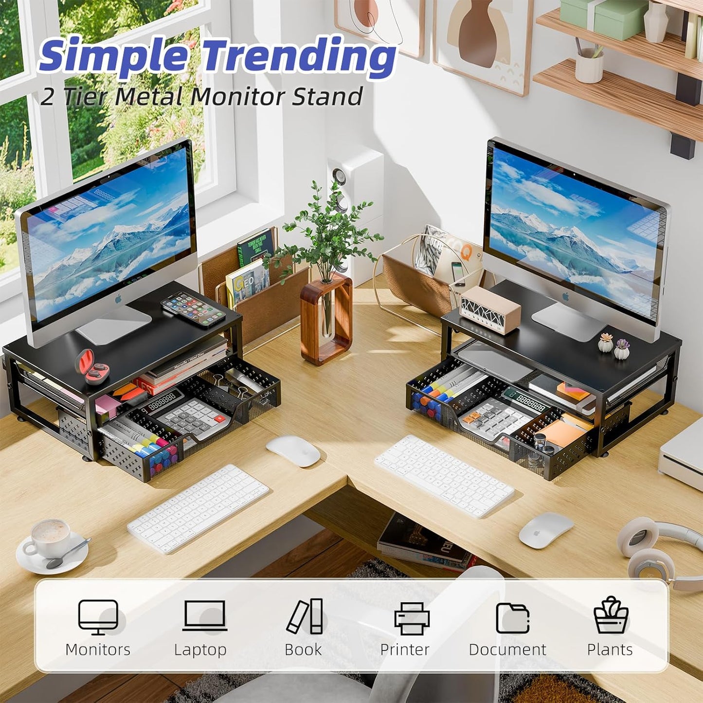 2-Tier Simple Trending Computer Monitor Stand Riser with Drawer, Desk Organizer for Home Office, Black