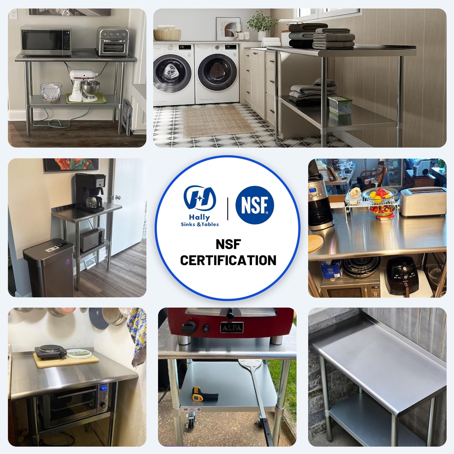Hally Stainless Steel Table for Prep & Work 24 x 48 Inches, NSF Commercial Heavy Duty Table with Undershelf and Backsplash for Restaurant, Home and Hotel