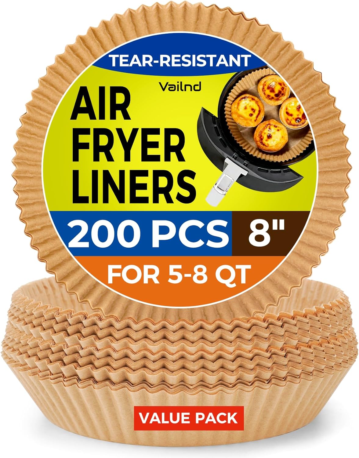Vailnd Air Fryer Liners - 200 Pcs Non-Stick 8" Round Parchment Paper for 5-8 Qt Air Fryers & Baking