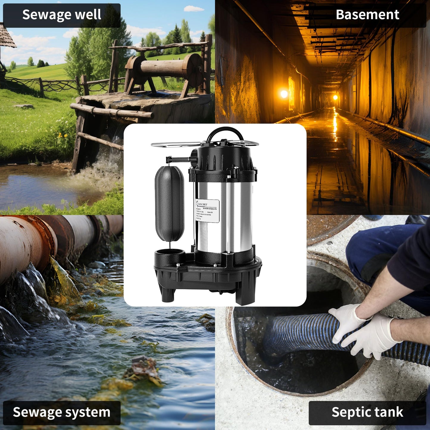LANCHEZ 1/2 HP 5200 GPH Submersible Sump Pump Cast Iron and Stainless Steel with Integrated Vertical Float Switch, Sewage/Effluent Pump for Basement, Basin, Sewage System, 1-1/2" NPT Discharge
