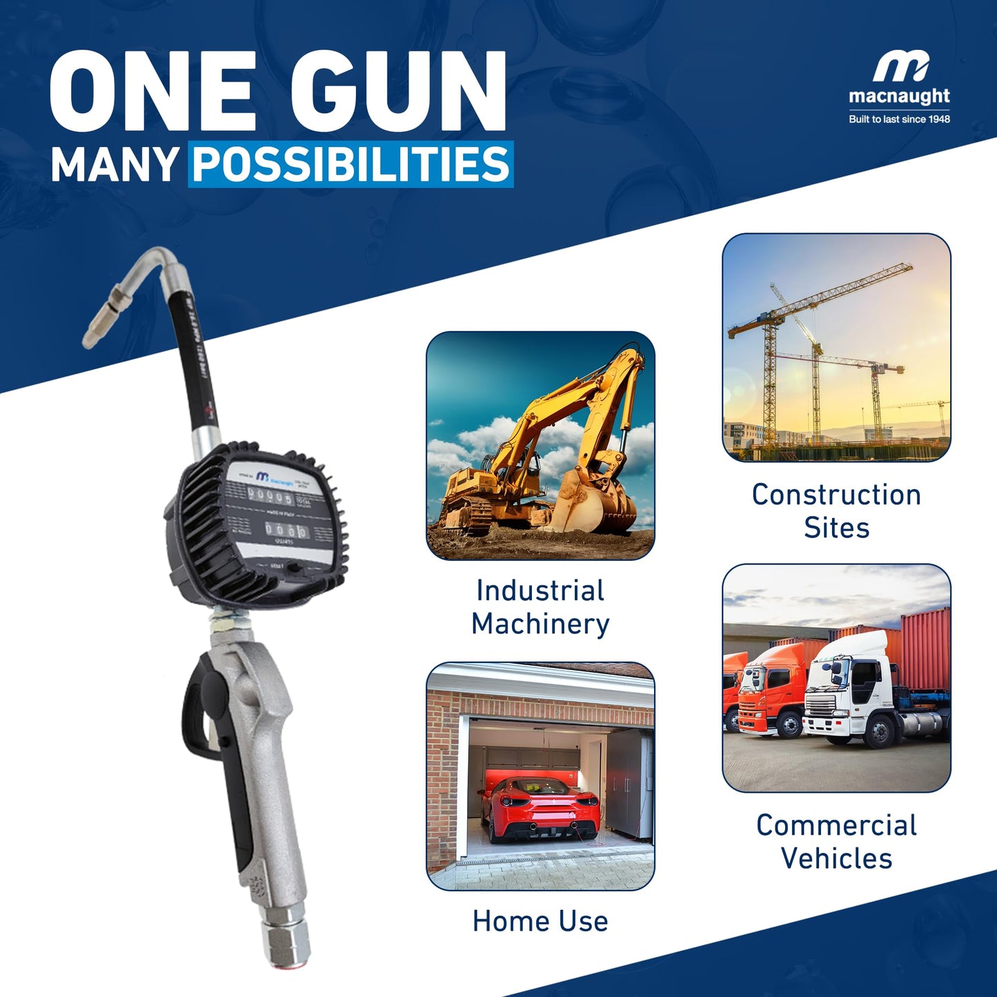 Macnaught Pneumatic Oil Gun with Control Valve 1/2" inch NPT Inlet, Mechanical Meter, Registers in Qts & Totals in Gal. Oil, antifreeze, trans fluid, lubricating oil, synthetic hydraulic oil & more