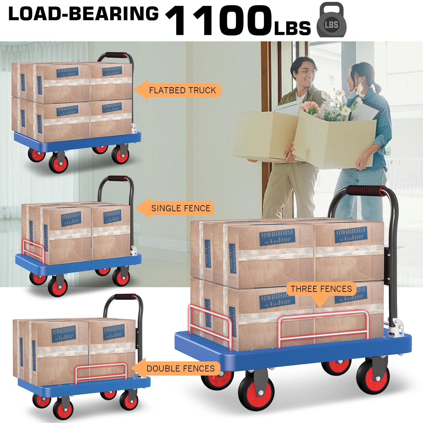 Platform Truck Cart with 3 Fence, 28"x19" Flatbed, 1100lbs Capacity Heavy-Duty Foldable Push Dolly Cart with Swivel Wheels, Foldable & Portable for Groceries, Garage,Home,Office Use, Blue