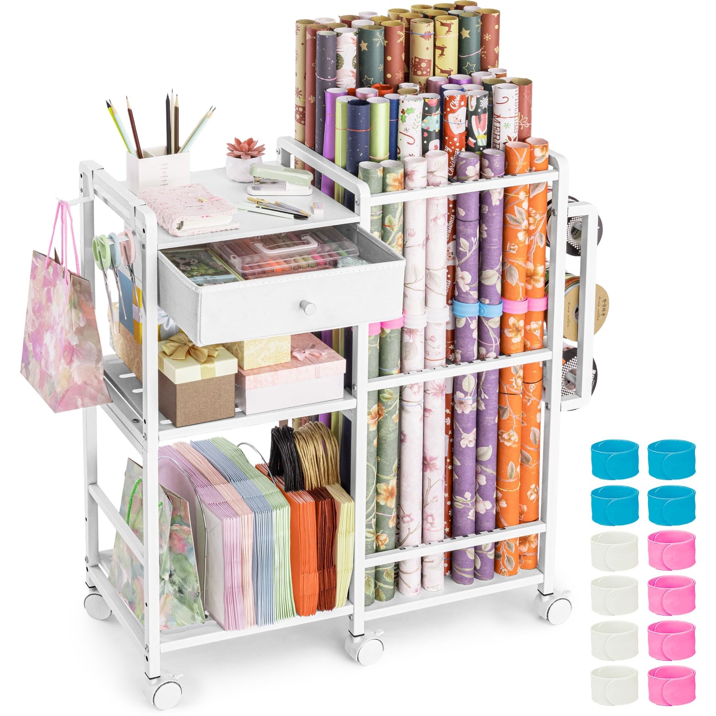 Aquzee Wrapping Paper Storage, Rolling Gift Wrap Station, 9 Adjustable Rod Design, Vertical Wrapping Paper Storage Cart, Ribbon Organizers and Gift Bag Storage, 12 PCS Slap Bands, White