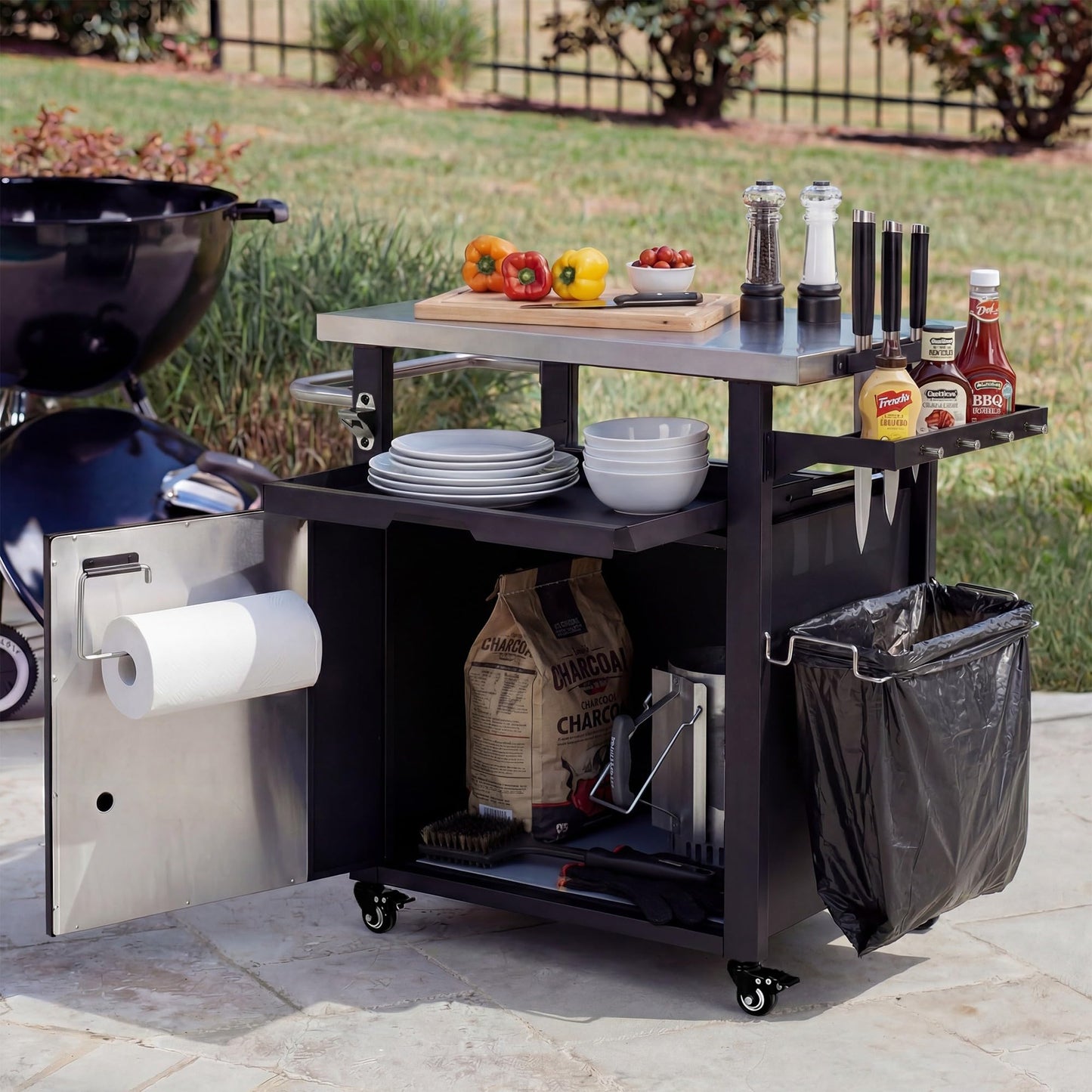 Merax 39.5" Outdoor Grill Cart with Pizza Topping Station, Grill Table Stand with Spice & Paper Rack for BBQ, Movable Food and Prep Workcart, Rolling Kitchen Island, Waterproof Cover Included, Black