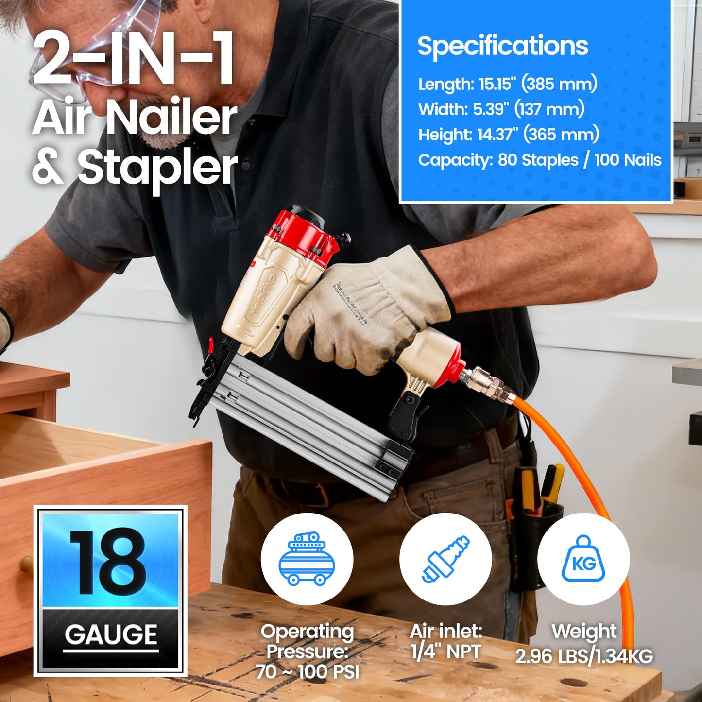 meite 18-Gauge 2-in-1 Nail Gun, Pneumatic Brad Nailer and 1/4-Inch Narrow Crown Pneumatic Staple Gun for Upholstery, Finishing, Molding, and Woodworking (FK5040)