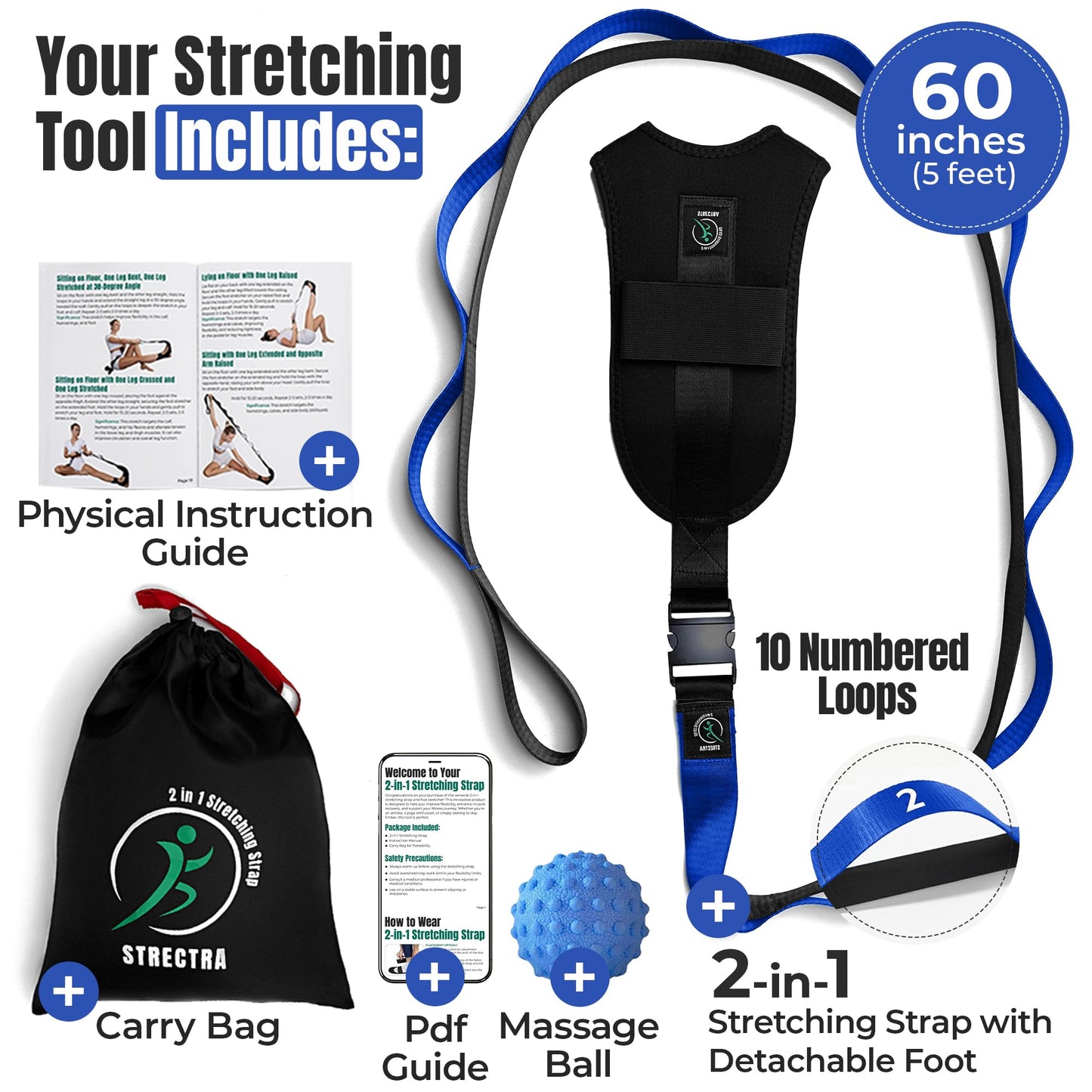 Stretch Strap with Loops Physical Therapy - Full Body Exercise Straps for Stretching with Detachable Foot - Leg & Calf Stretcher for Plantar Fasciitis, Physical Therapy, Pain Relief, and Flexibility