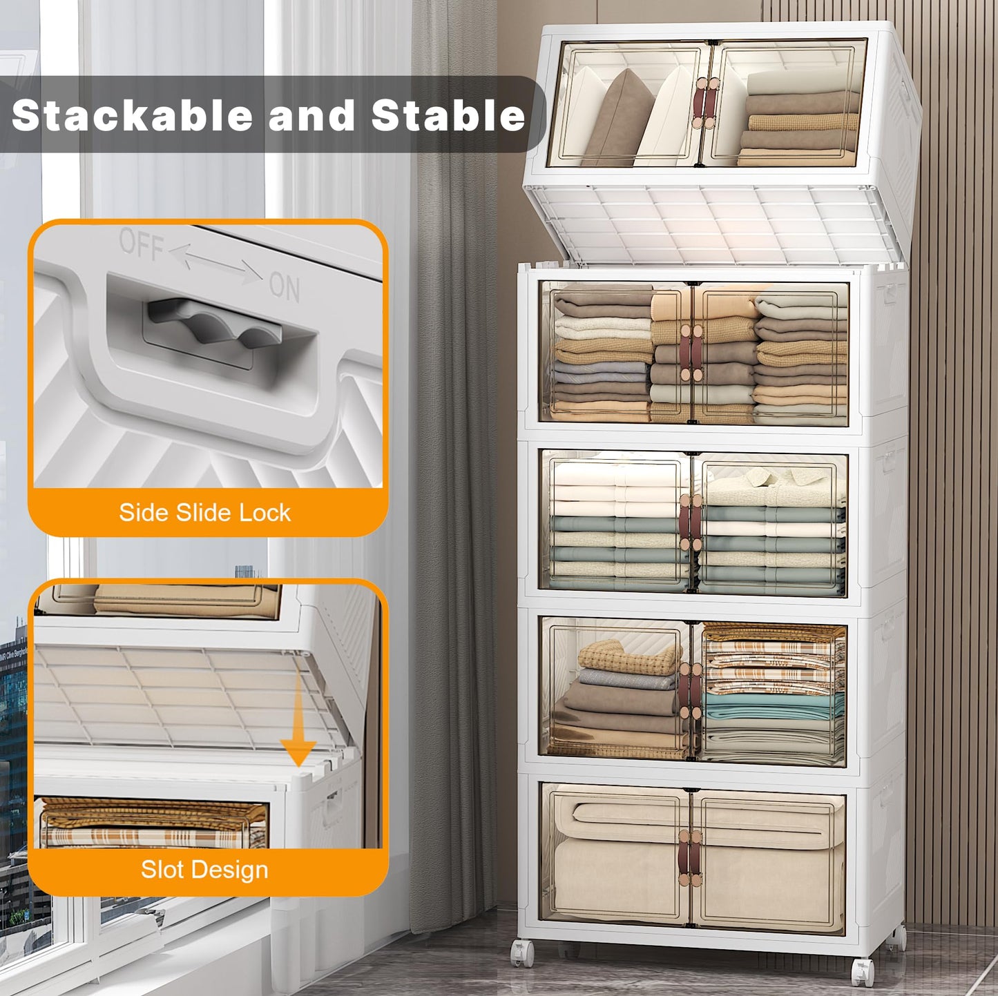 UAMFURI Stackable Storage Bins with Lids, 560QT Closet Organizers and Storage with Doors and Wheels, Extra Large Storage Cabinet, Collapsible Plastic Drawers for Bedroom Dorm Office Garage