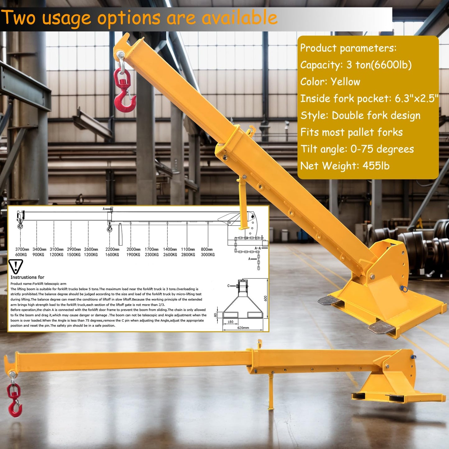 PreAsion 6600LB Capacity Forklift Jib Boom Crane, Adjustable Boom Length 7-12ft Manual Telescoping, Mobile Crane Lifting Hoist with Two Swivel Hooks, Lifting Angle 0-75°, Compatible with Pallet Forks