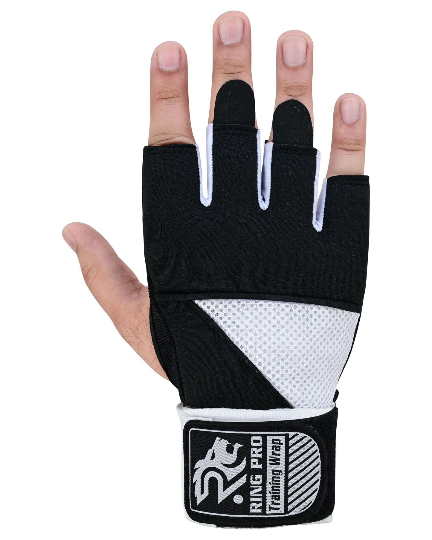RING PRO Boxing Gel Hand Wraps Quick Inner Gloves with Wrist Support, Woven Elastic Training Wraps for Boxing, MMA, Muay Thai & Kickboxing, Men & Women (Black/White, X-Large)