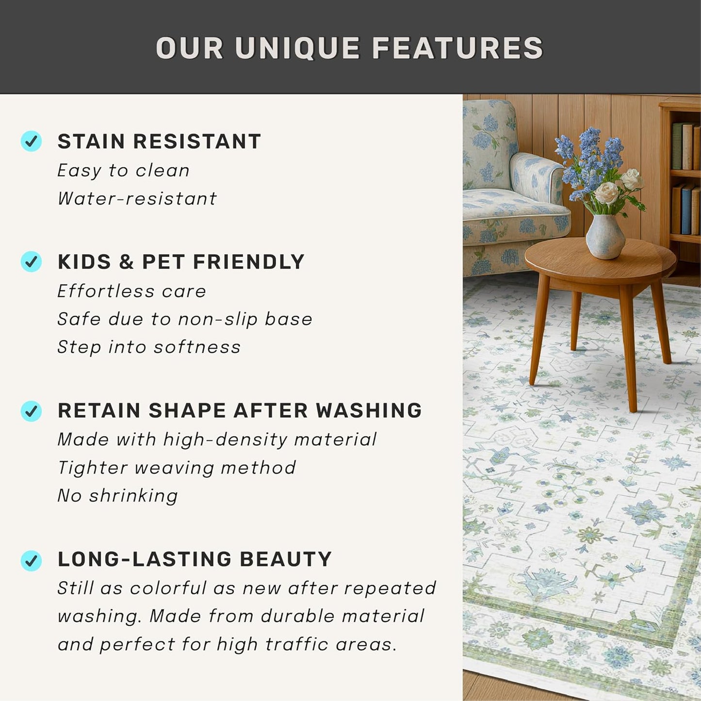Oushak 4x6 Boho Pastel Rug - Low Pile, Non-Slip, Stain Resistant Throw for Living Room, Kitchen & Entryway