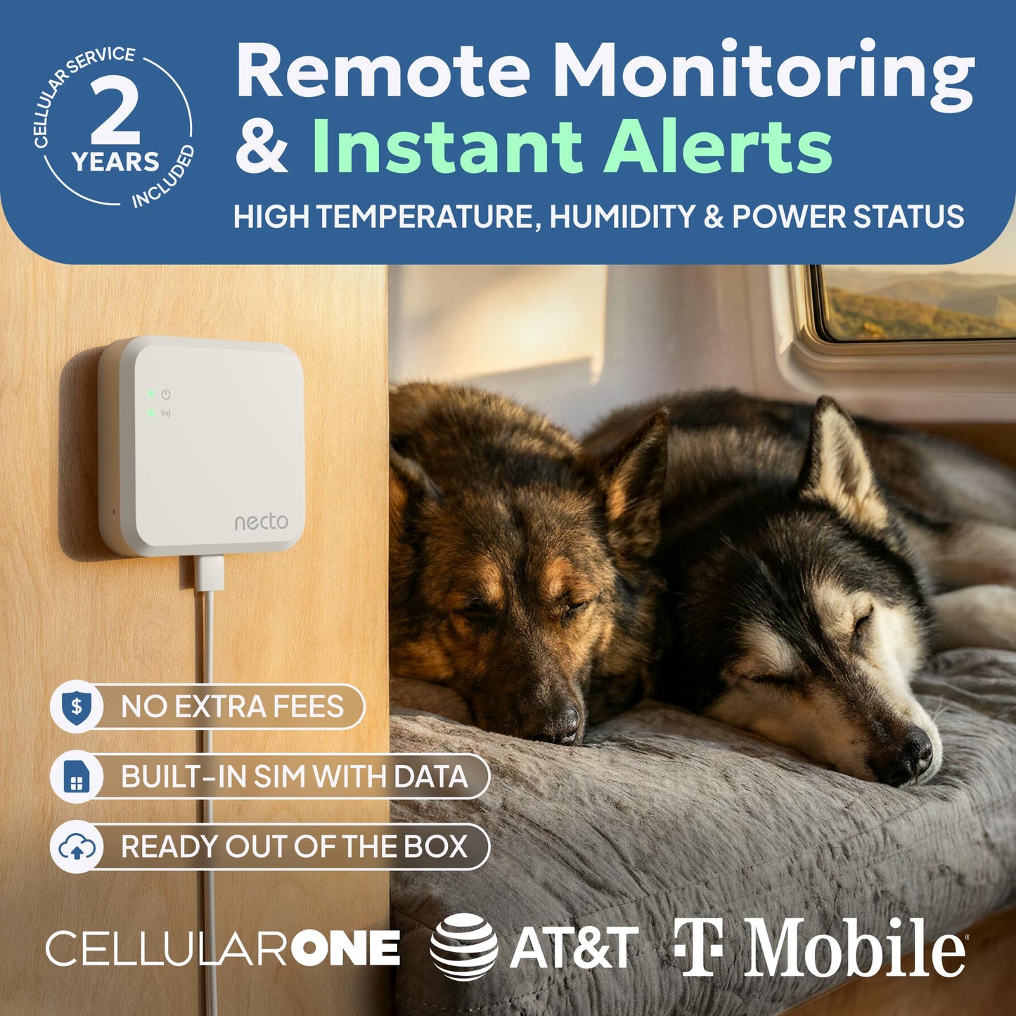 Necto Cellular Temperature Monitor - Remote Power Failure Alarm & Humidity Sensor with Unlimited Alerts. Temp Monitoring System for RV Pet Safety, Vacation Home, Server Room. No Fees or WiFi Required