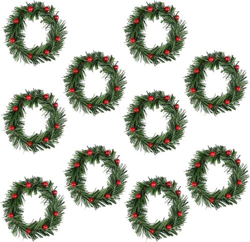 Lystaii Christmas Candle Rings - 10pcs Red Artificial Berry & Grass Mini Wreaths for Holiday Decor | Medium Size