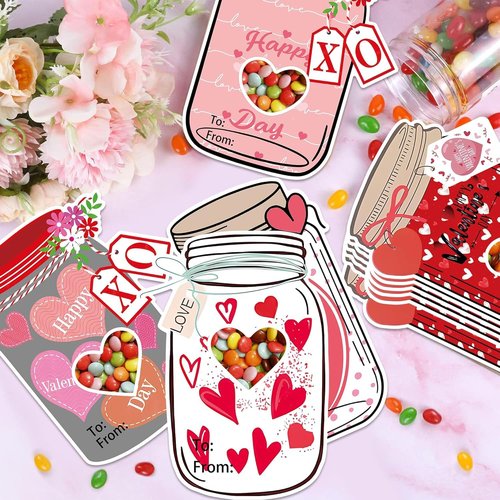 60Pack Valentines Cards for Kids,Mason Jar Happy Valentines Day Cards with 60Treat Bags DIY Valentine Exchange Cards for Boys Girls Toddler School Class Classroom Party Favors (Candy Not Included)