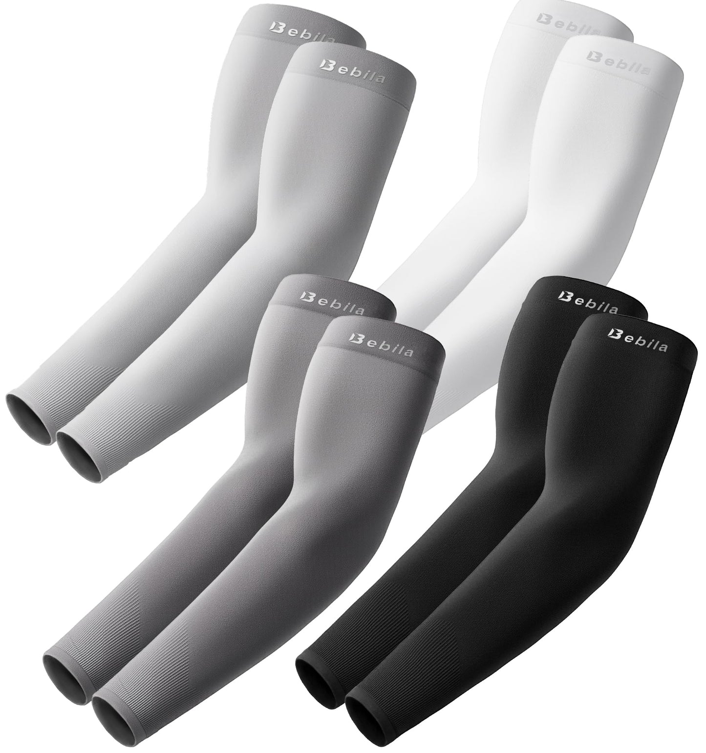 Bebila Arm Sleeves for Men Women, UV Sun Protection Sports Cooling Compression Sleeves for Basketball Golf Outdoor (Black+dark Gray+light Gray+white, Medium)