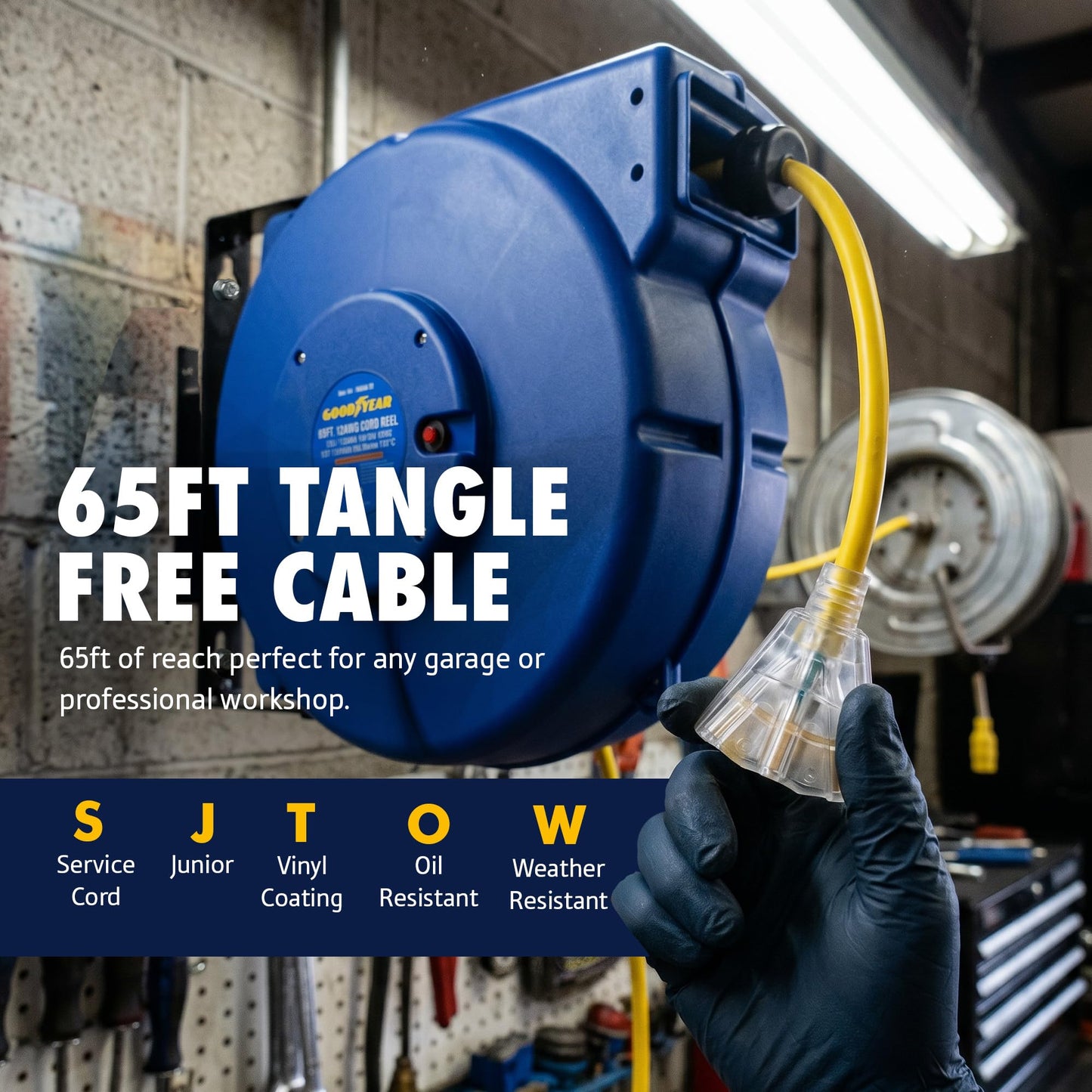Goodyear Retractable Extension Cord Reel – Heavy-Duty Commercial Cable with Triple Tap Connector, Auto-Rewind & Wall/Ceiling Mountable (Enclosed, 12AWG x 65 ft)