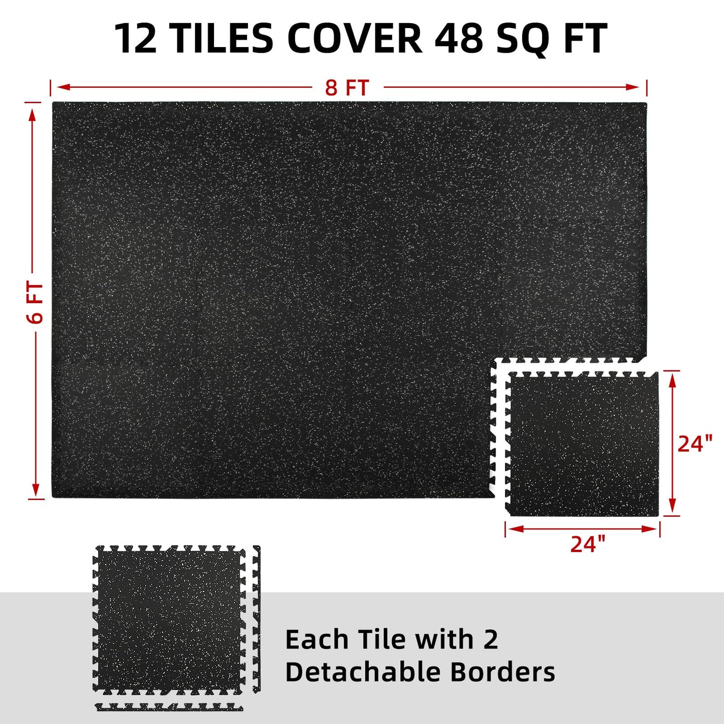 HIAARO 0.56in Thick 48 Sq Ft Exercise Equipment Mats, 12 Tiles Rubber Top EVA Foam Workout Mats, Interlocking Gym Flooring for Home Gym, 24 x 24in, Black & White