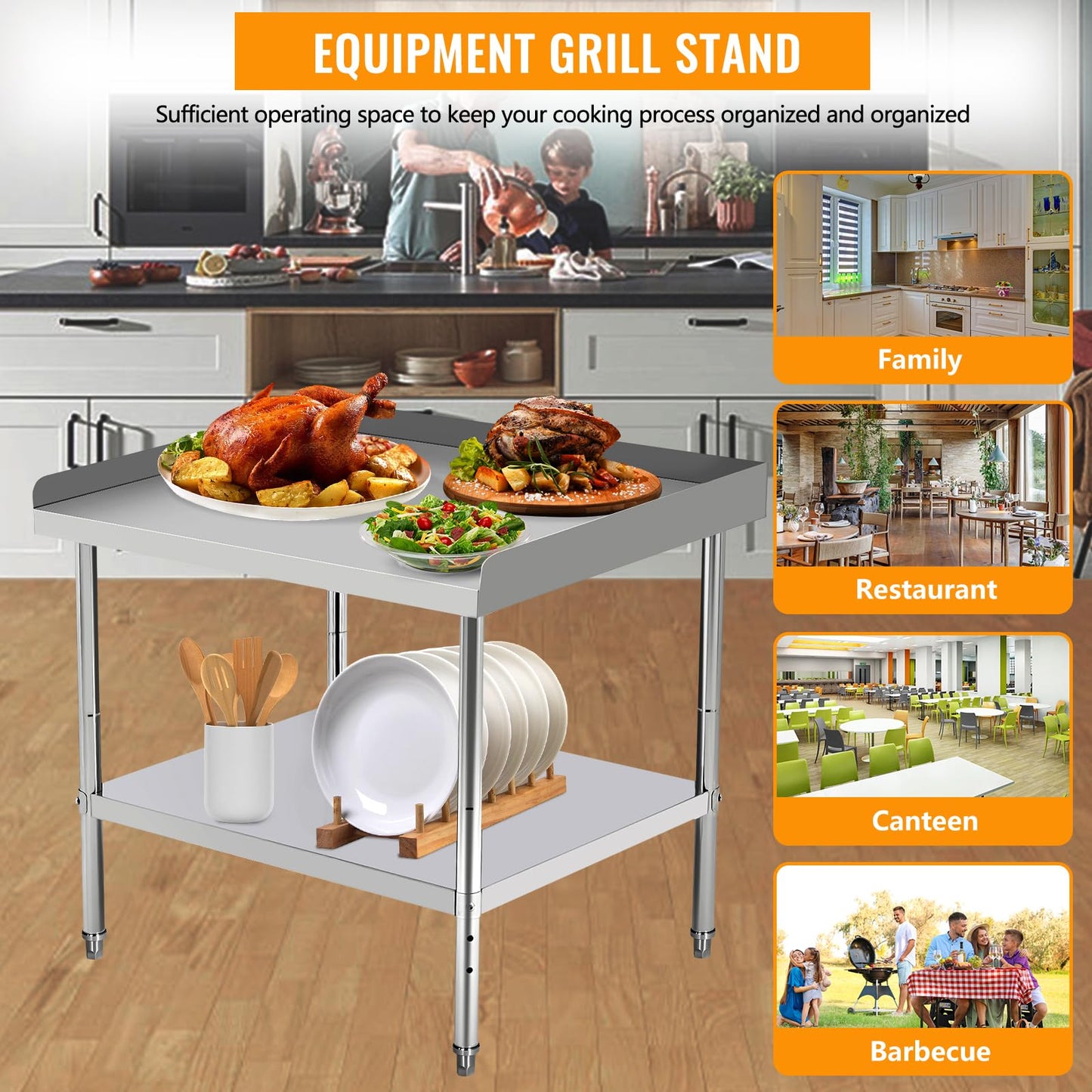 36"x28"x30" Stainless Steel Grill Stand Table, NSF Certified, 400 lbs Capacity, Adjustable Legs, 3-Sided 2" Edge Baffle for Kitchen, Restaurant, Hotel