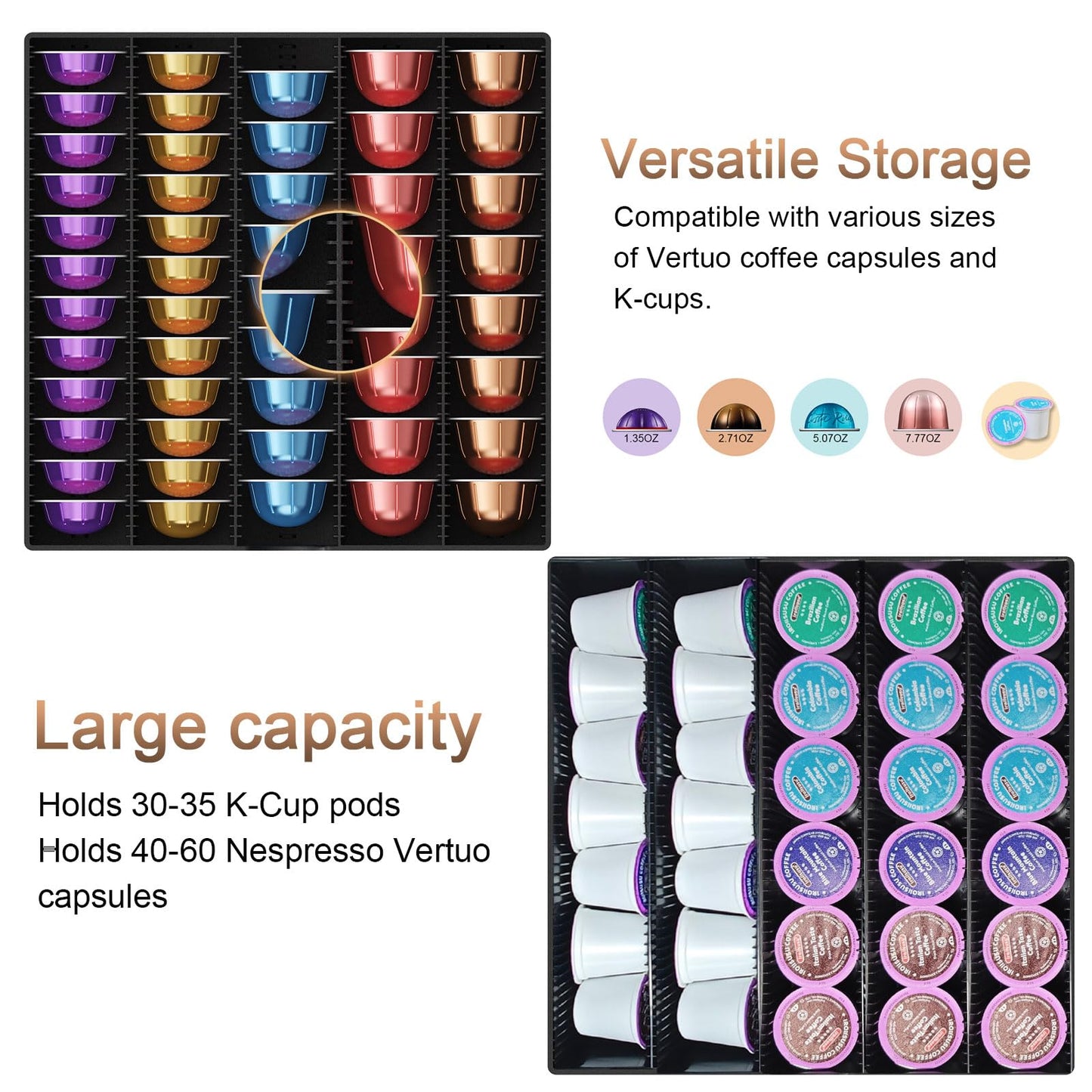 OUTIOE Coffee Pods Drawer Organizer Compatible with Nespresso Vertuo Pods Holds Up to 60 Small or 40 Large (Wood)