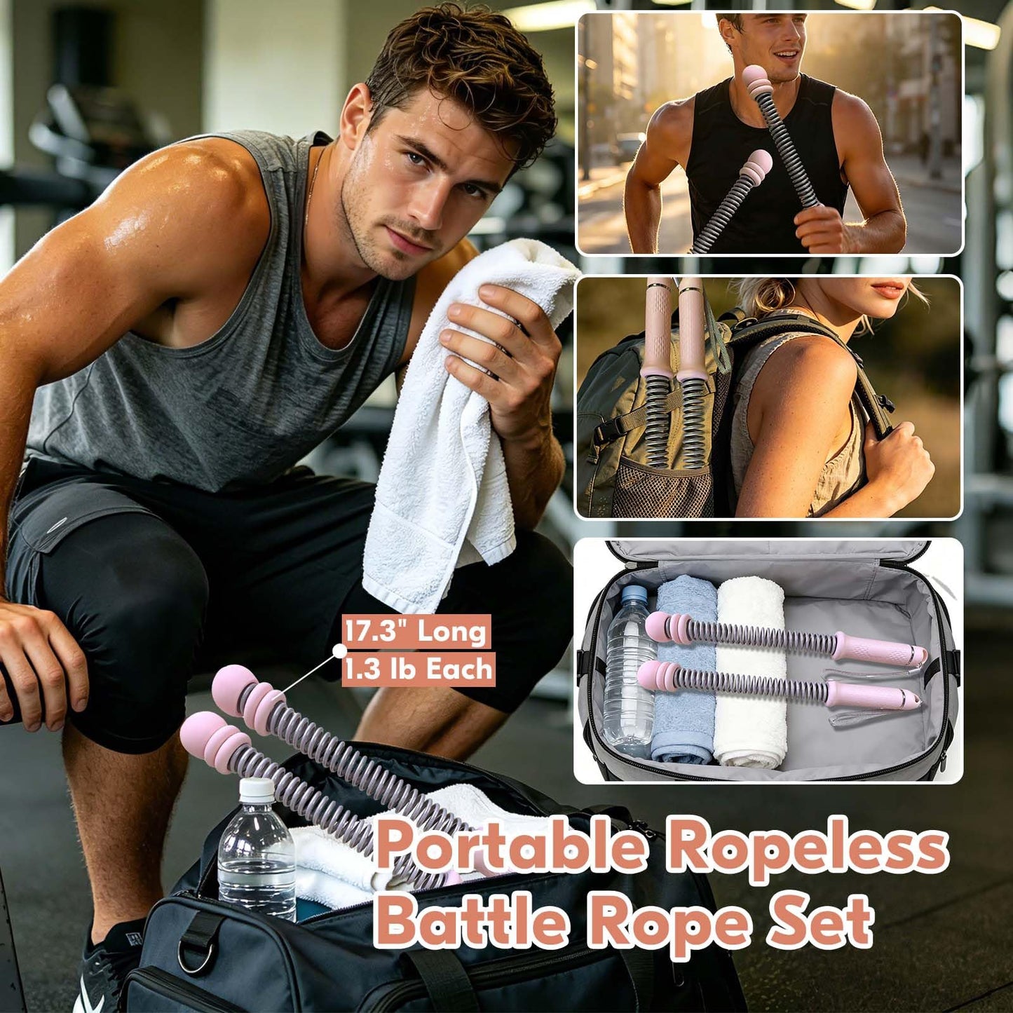 Ropeless Battle Ropes, 2 Pack Cordless Battle Ropes with Adjustable Weights, Non-Slip Comfort Handles, Portable Trainer for Home Gym, HIIT Cardio & Travel Workout