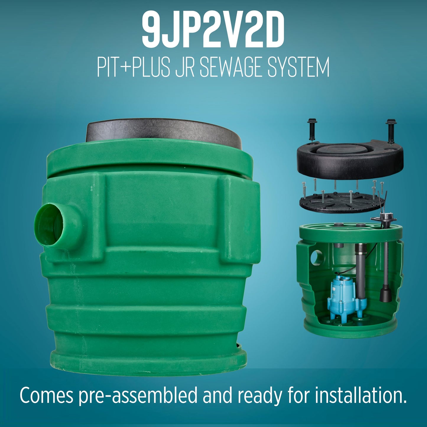 Little Giant 9JP2V2D Pit Plus JR Sewage Basin System with 115-Volt, 4/10 HP, 6000 GPH 9SC-CIM Sewage Pump, ECM Switch with 20-Ft. Cord, 2-inch Vent, 2-inch Discharge, Green/Blue/Black, 509687