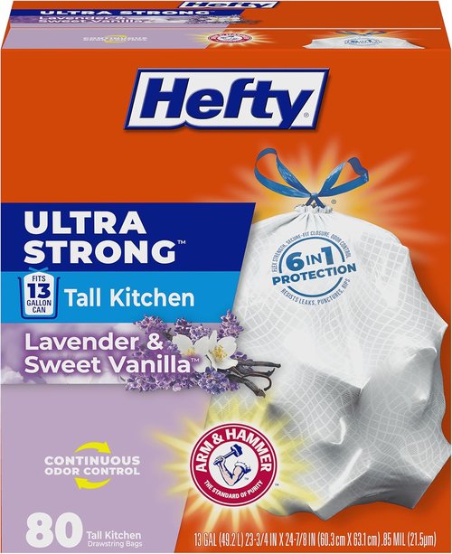 Hefty Ultra Strong 13 Gallon Trash Bags - Drawstring Closure & Odor Control | White, Lavender & Sweet Vanilla Scent, 80 Count