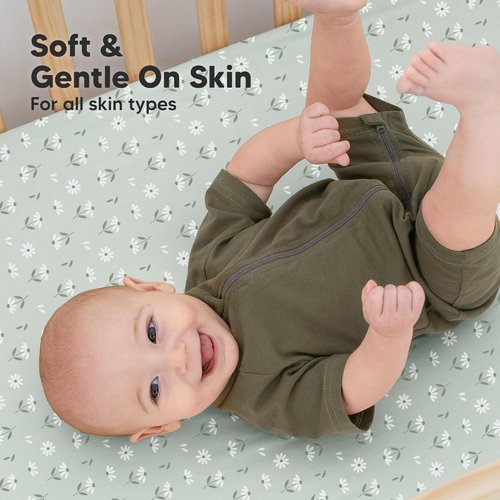 KeaBabies Organic Crib Sheets - 2-Pack Fitted Jersey Cotton for Boys & Girls | Soft, Breathable 52x28 Daisies Design