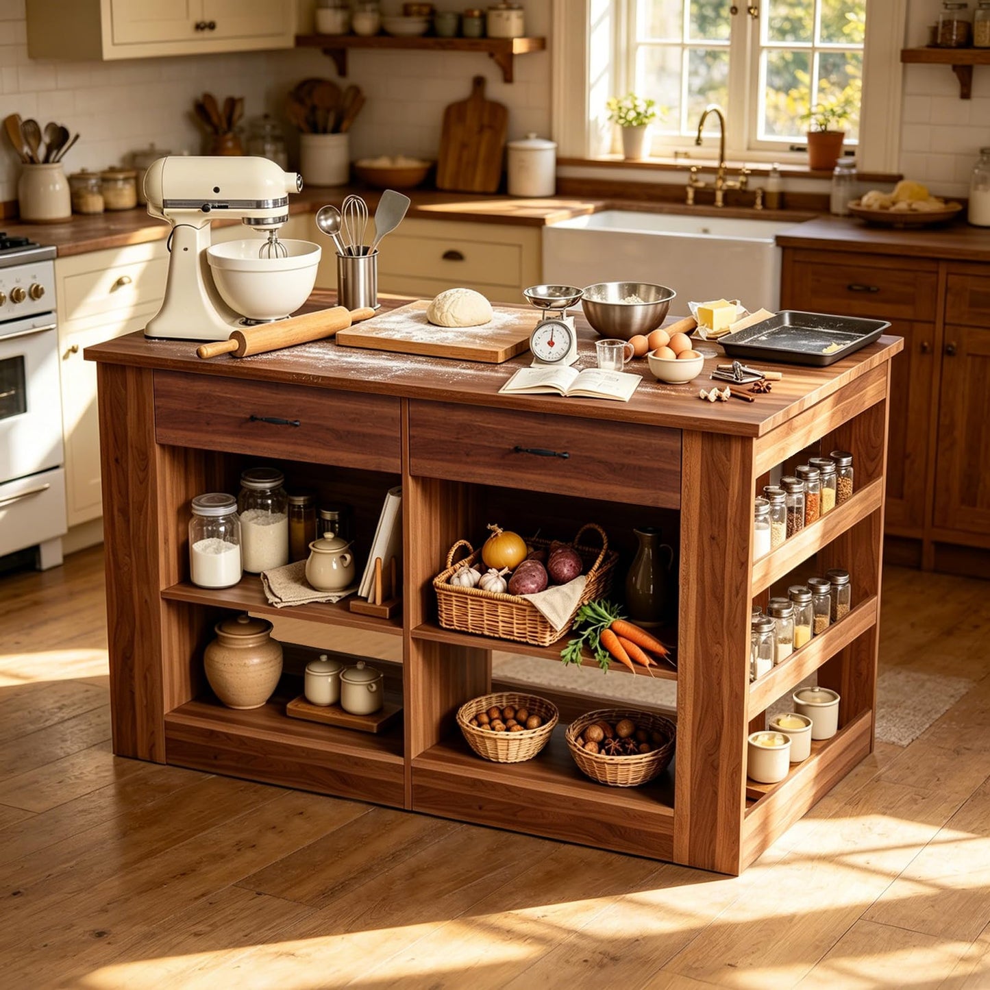 JOYSOURCE Large Farmhouse Kitchen Island with Storage 58 Inches Stationary Kitchen Island with Seating, 2 Drawers, Shelves Bar Table for Kitchen Dining Room Living Room Walnut Wood Grain