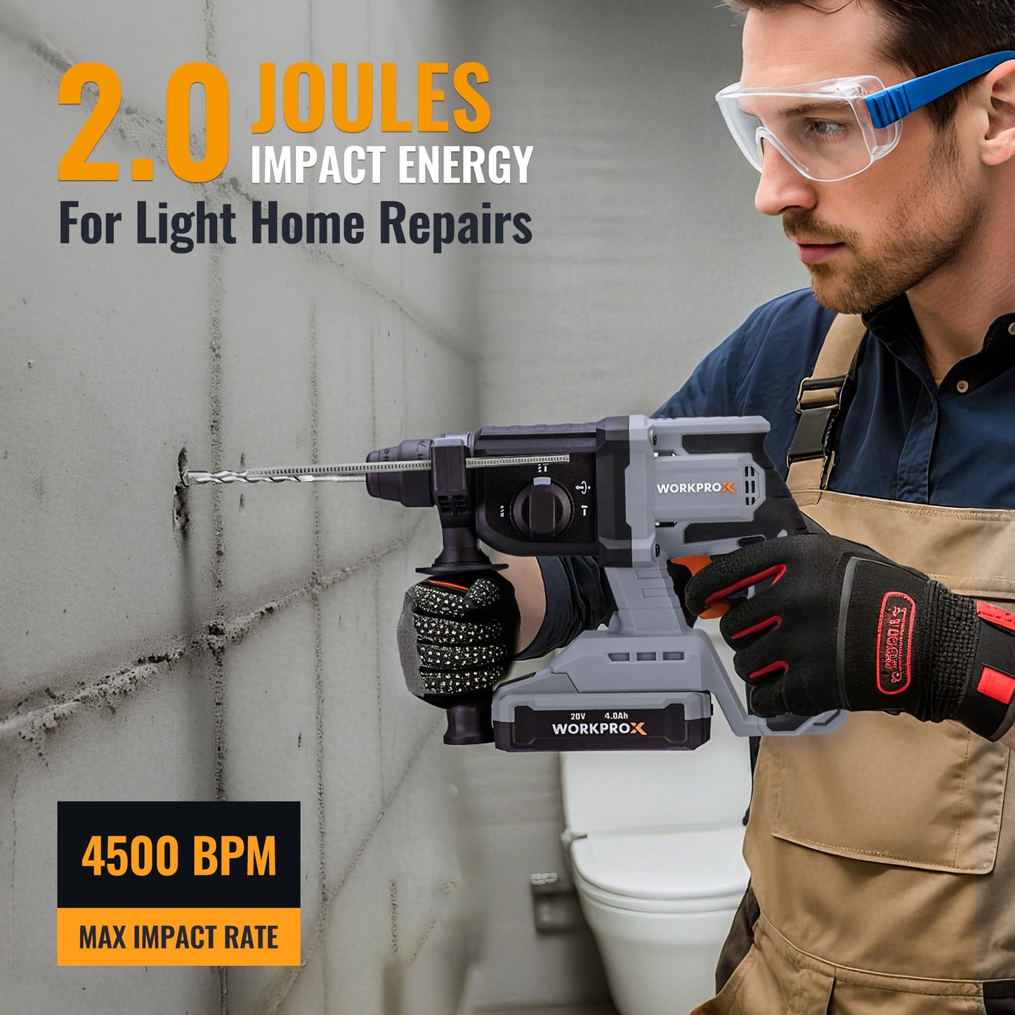 WORKPROX 20V Cordless Rotary Hammer Drill, 7/8" SDS-Plus, 2.0J Hammer Drill for Concrete with 4 Functions, Brushless Motor, 4.0Ah Battery & LED Light, Lightweight SDS Hammer Drill for Home Use