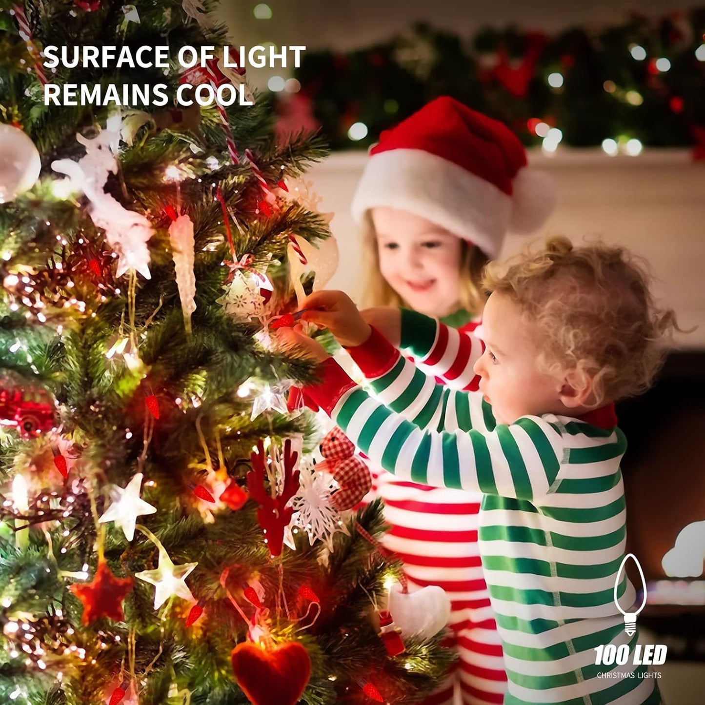 Waterglide C6 33ft 100 LED Faceted String Lights - Waterproof Green Wire Fairy Lights for Indoor/Outdoor Decor | 8 Lighting Modes, Red