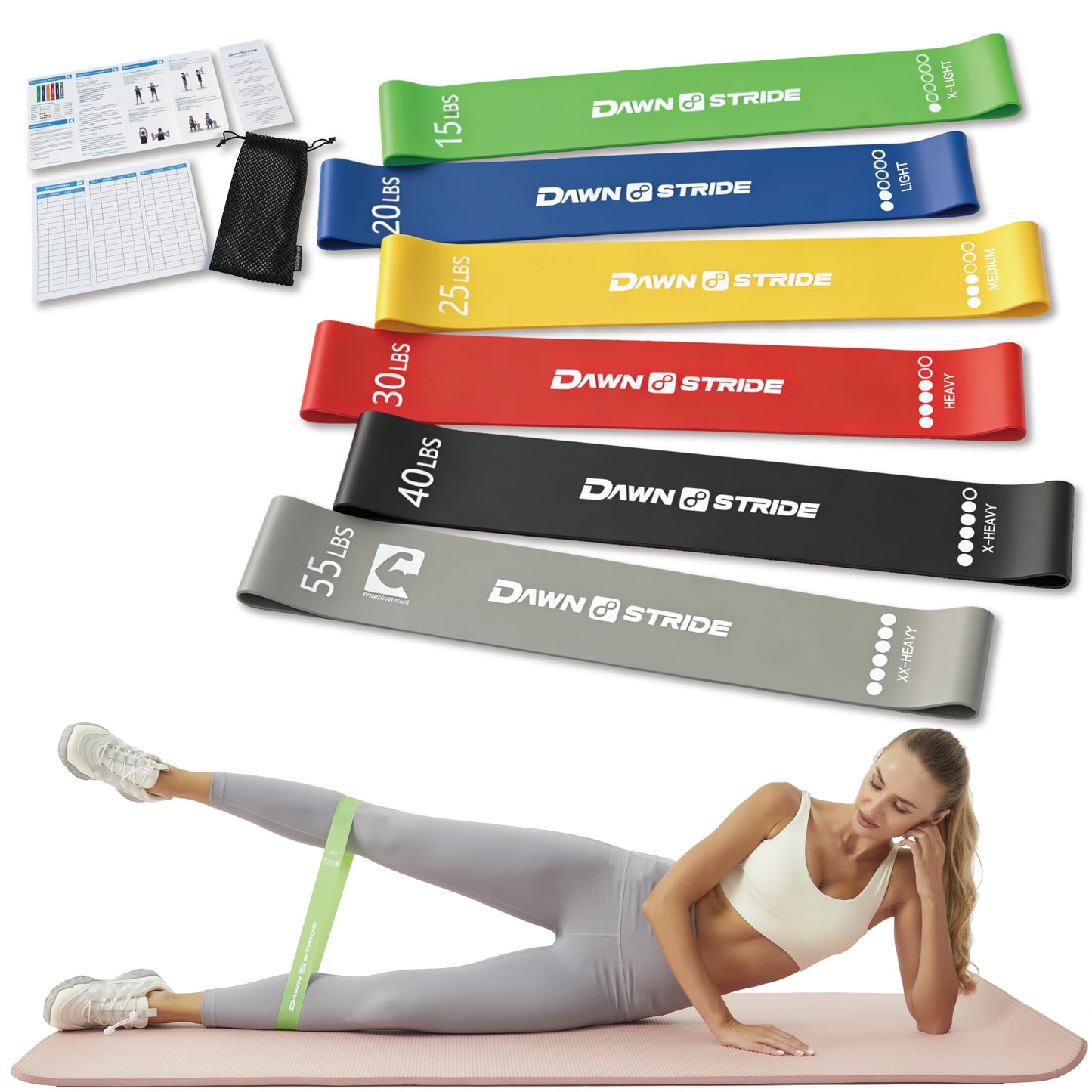 DawnStride 6-Levels Resistance Exercise Loop Bands Set – Elastic Workout Bands for Yoga, Strength Training, Physical Therapy – Guide, Fitness Card & Carry Bag