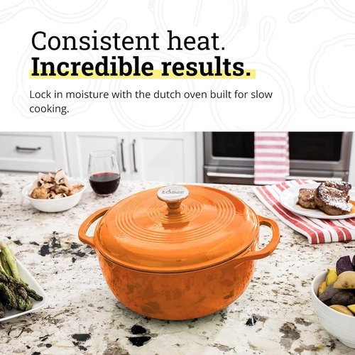 Lodge Essential Enamel Cast Iron Dutch Oven - 6-Quart Apricot - Ideal for Baking, Braising & Slow Cooking