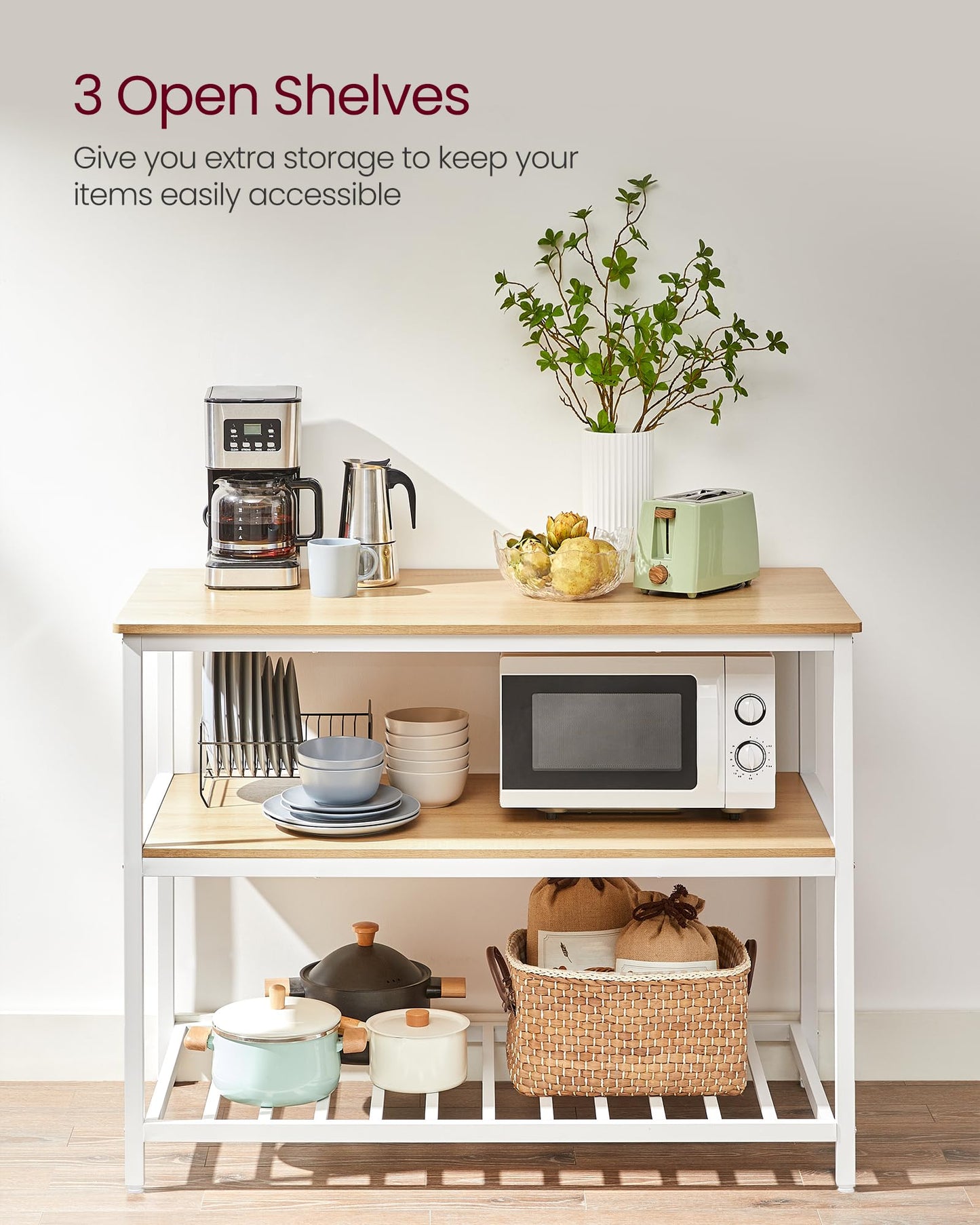 VASAGLE Kitchen Island with 3 Shelves, 47.2 Inches Width Kitchen Shelf with Large Worktop, Stable Steel Structure, Industrial, Easy to Assemble, Oak Color and White UKKI001W09