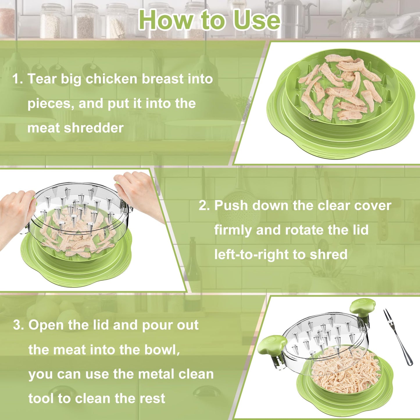 SURETIVIAN Chicken Shredder Tool Twist Large Chicken Breast Shredder with Brush&Fork, Visible Meat Shredder Machine, Anti-Slip Strip, Ergonomic Handle, BPA Free, Suitable for Pork Beef Chicken(Matcha)
