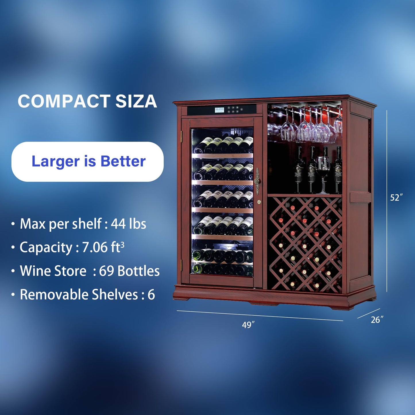 KEIKI Freestanding Wine Refrigerator with Wood Cabinet, 69 Bottle Single Zone Wine Cooler, Humidity Control Tempered Glass Door, LED Light Lockable Pull-Out Shelves, for Home Bar Kitchen, Cherry
