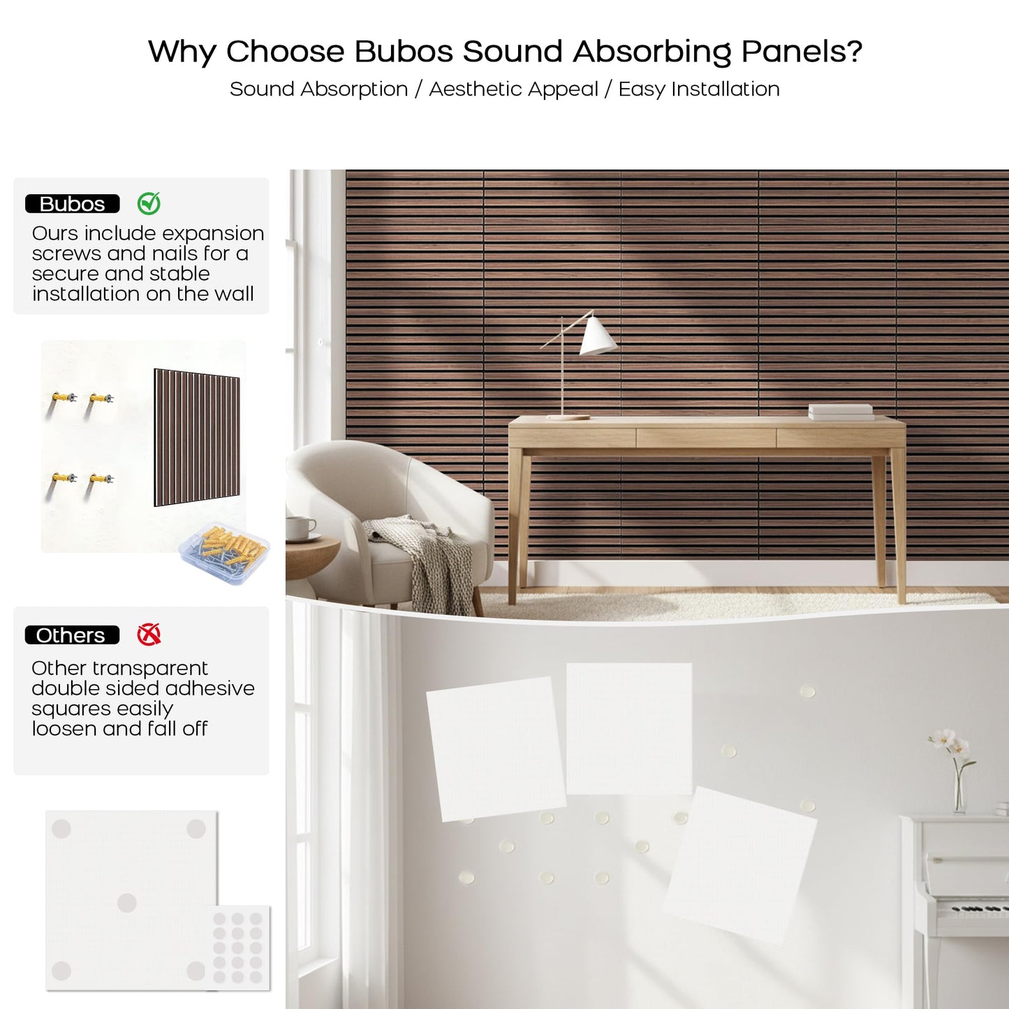 BUBOS Large Acoustic Wall Panels, 6-Pack 24" x 24" x 0.7" Faux Wood Slat Sound Absorbing Panels, High-Density Soundproof Wall Decor for Recording Studio, Home Theater & Gaming Room，SF Black Walnut