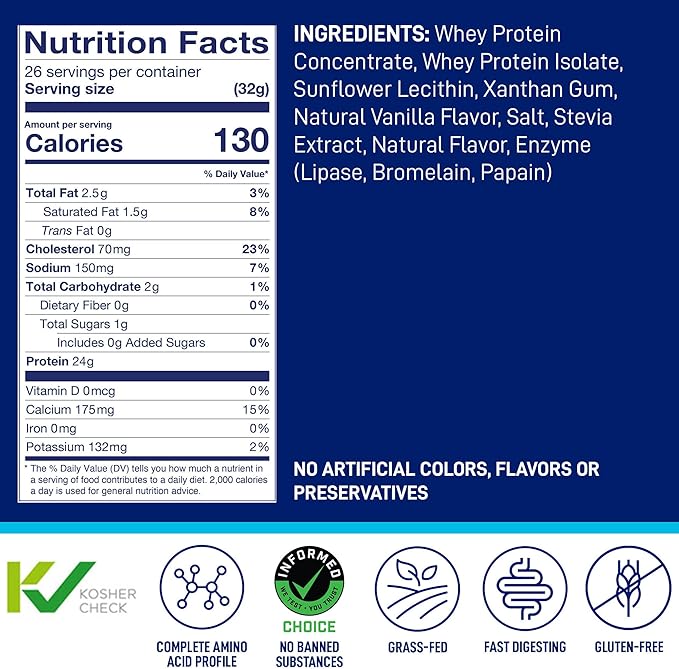 LeanFit WHEY Protein Natural Vanilla ??100% Whey Protein Powder, 24g Protein Per Serving ??Grass-Fed, Gluten-Free, Low Carb, BCAAs, Amino Acid ??23 Servings, 1.83 Pound Tub