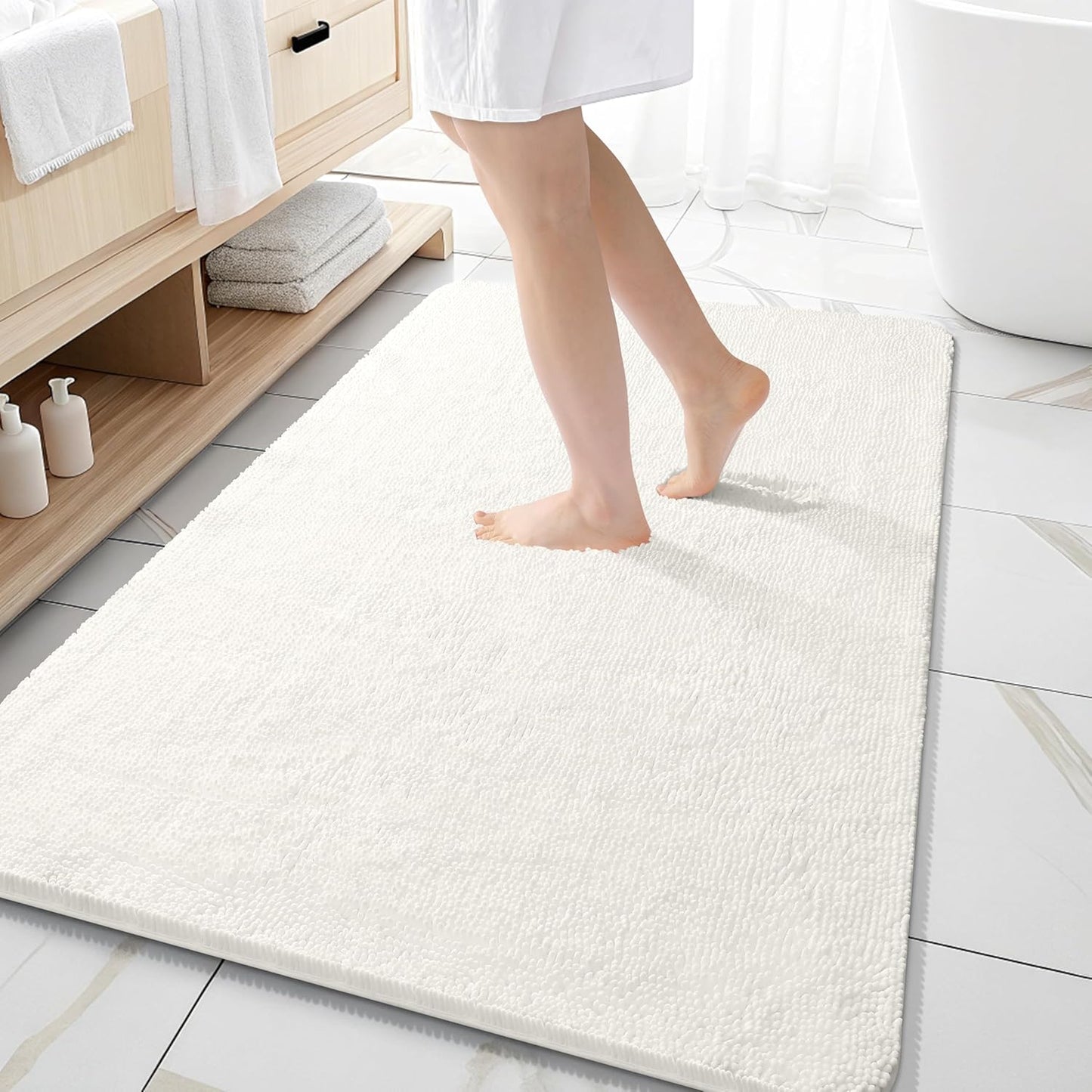 OLANLY Large Bathroom Rugs - Extra Soft Chenille Bath Mats | Quick-Dry, Machine Washable, Ivory 59x35