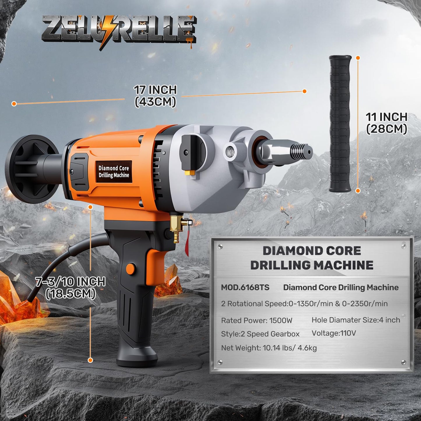 Zelurelle 4 inch Diamond Core Drill Machine, 1500W Handheld Concrete Core Drill Rig, 2-Speed Wet/Dry Drilling, 1350/2350RPM, 1-1/4" Thread, for Brick, Block, Stone, Reinforced Concrete