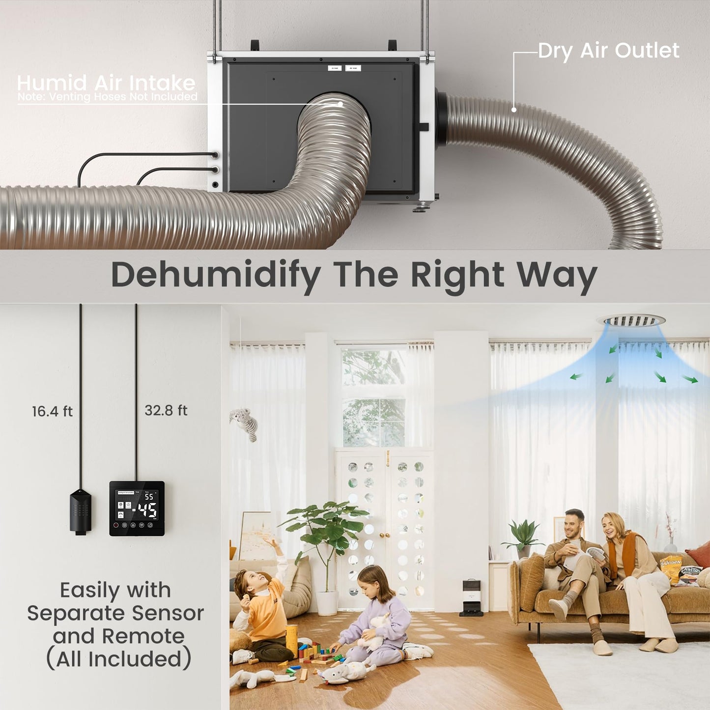 Waykar 216 Pints Crawl Space Dehumidifier with Pump, Remote Control & Dual Duct, HVAC Commercial Dehumidifier for Basement, Whole House & Water Damage, 8000 Sq. Ft, 10-90% RH - 5-Year Quality Coverage