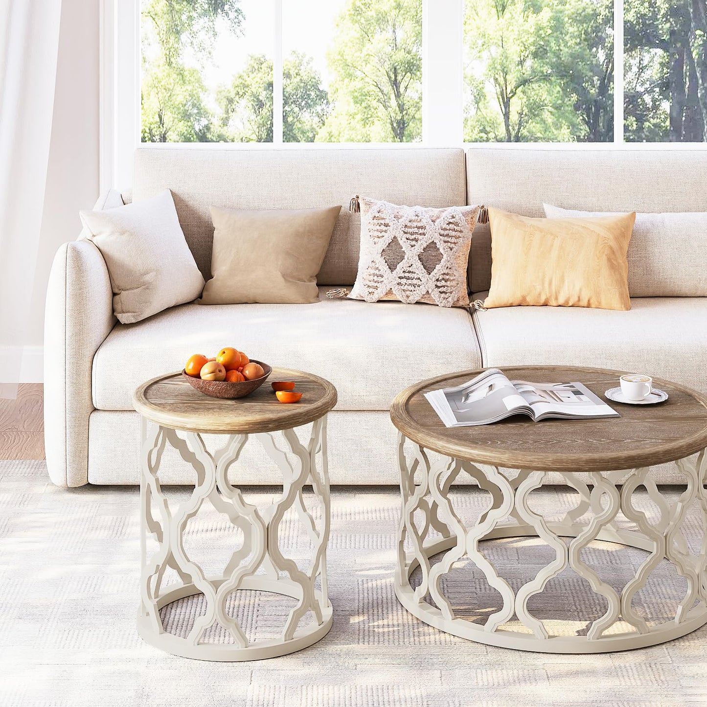 karlott Farmhouse End Table, 18.5'' French Country Round Side Table, Distressed Tray Top Side Table with Curved Motif Frame Base for Boho, End Tables Living Room, Bedroom, Small Space, Cream Beige