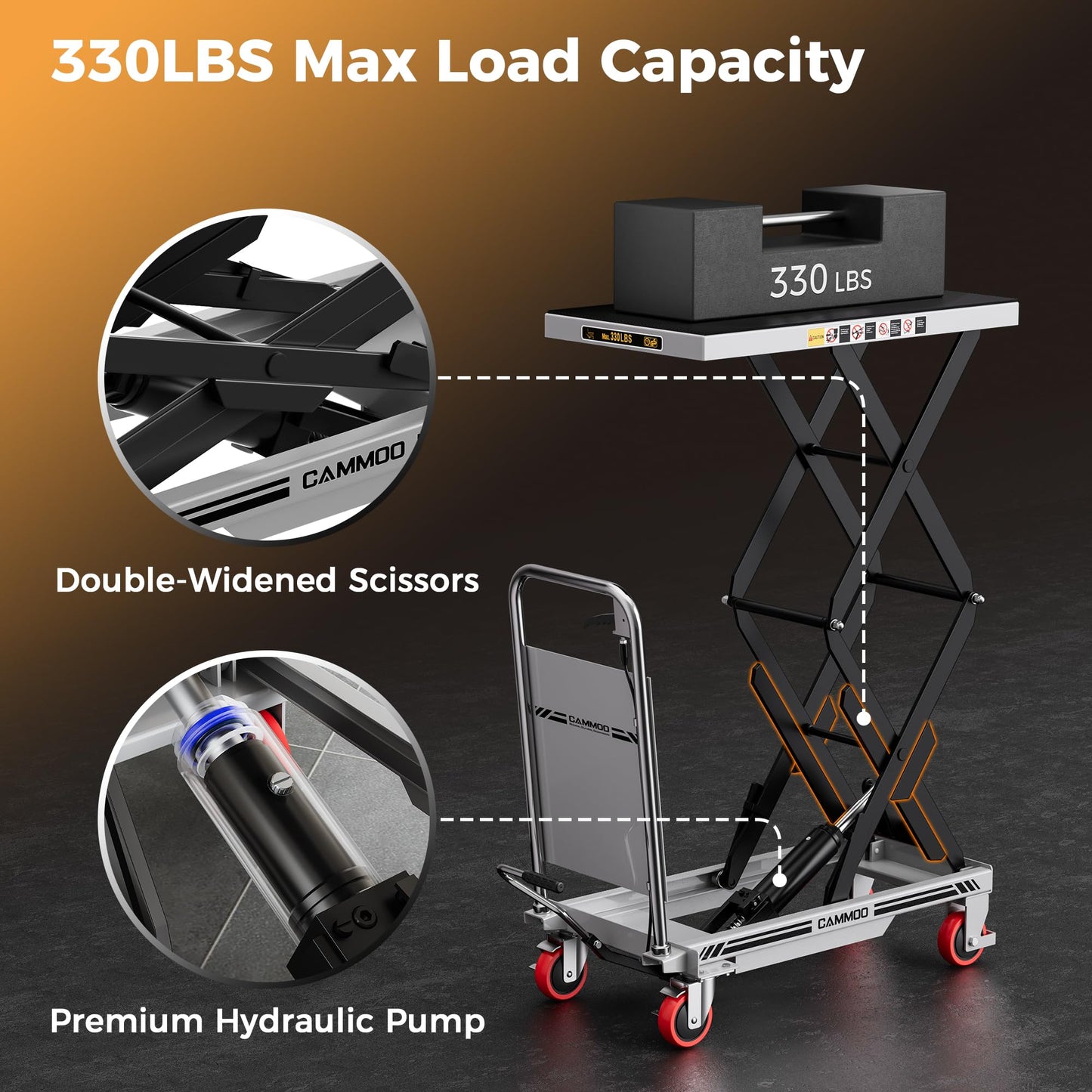 CAMMOO Hydraulic Lift Table Cart, 330lbs Capacity 49.6" Lifting Height, Double Scissor Lift Table with Non-Slip Pad & Safety Guard for Material Handling & Transportation, Gray