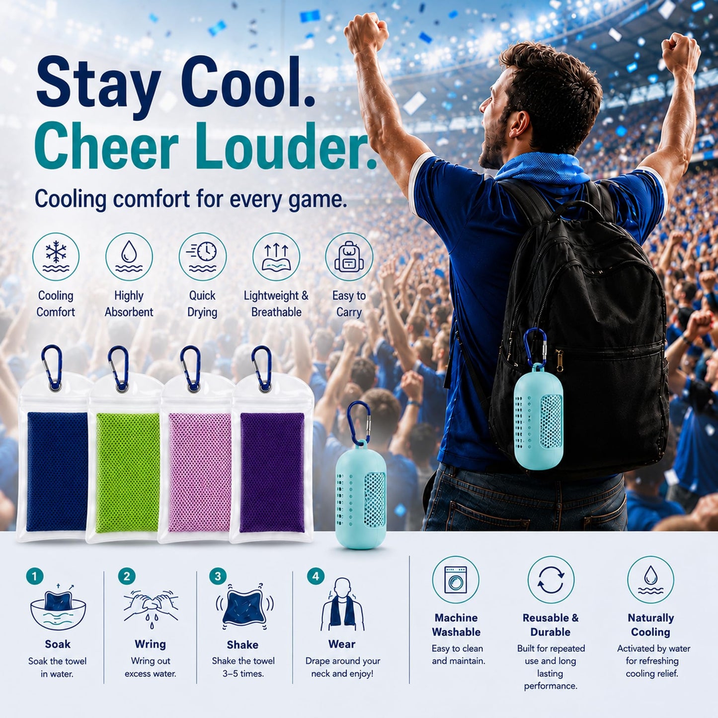 HiFisto 4 Pack Cooling Towels for Neck and Face, Sweat Ice Towels for Gym, Soccer Accessories for Game Day, Workout, Yoga, Golf, Camping, Hiking & Sports, Watch Party, Sports Fans,Hot Weather Relief