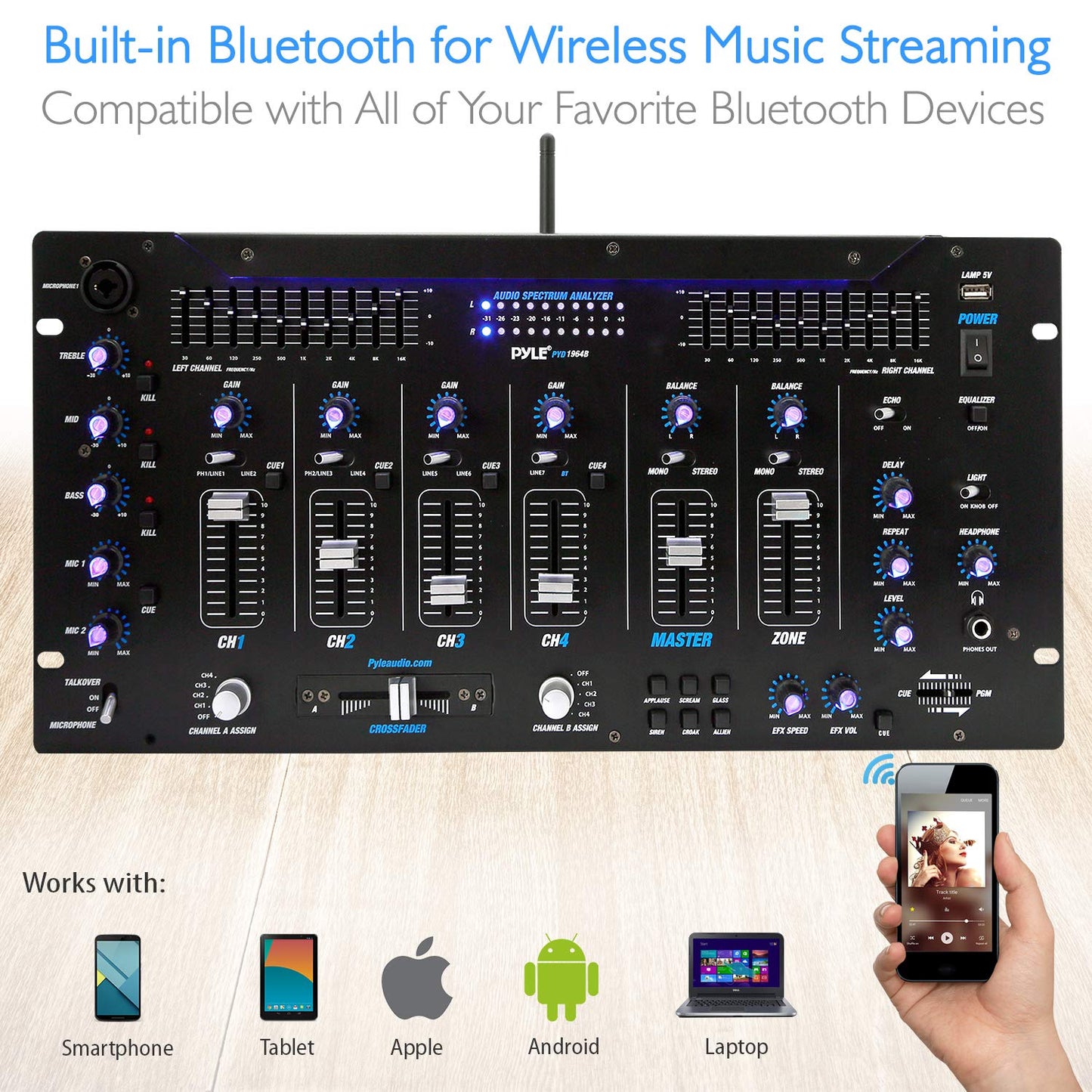 Pyle 6 Channel Mixer, Bluetooth DJ Controller, Stereo Mixer, Professional Sound System, LED Illumination, Mixer Digital Audio, Digital Mixing System, Speed Control, 5U Rack Mount System (PYD1964B)