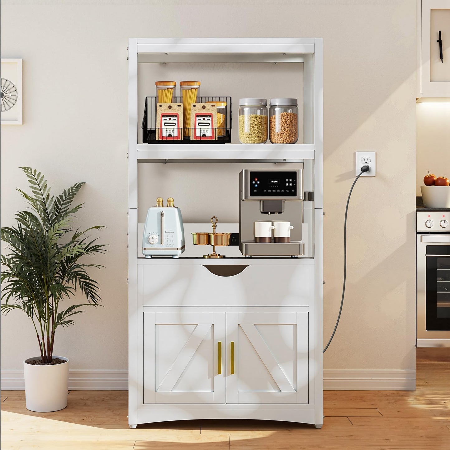 VECELO Kitchen Pantry Cabinet with Charging Station, Freestanding 2-Tier Storage Cupboard, Extra Tall & Wide Microwave Shelf, Farmhouse Style with Drawer, White
