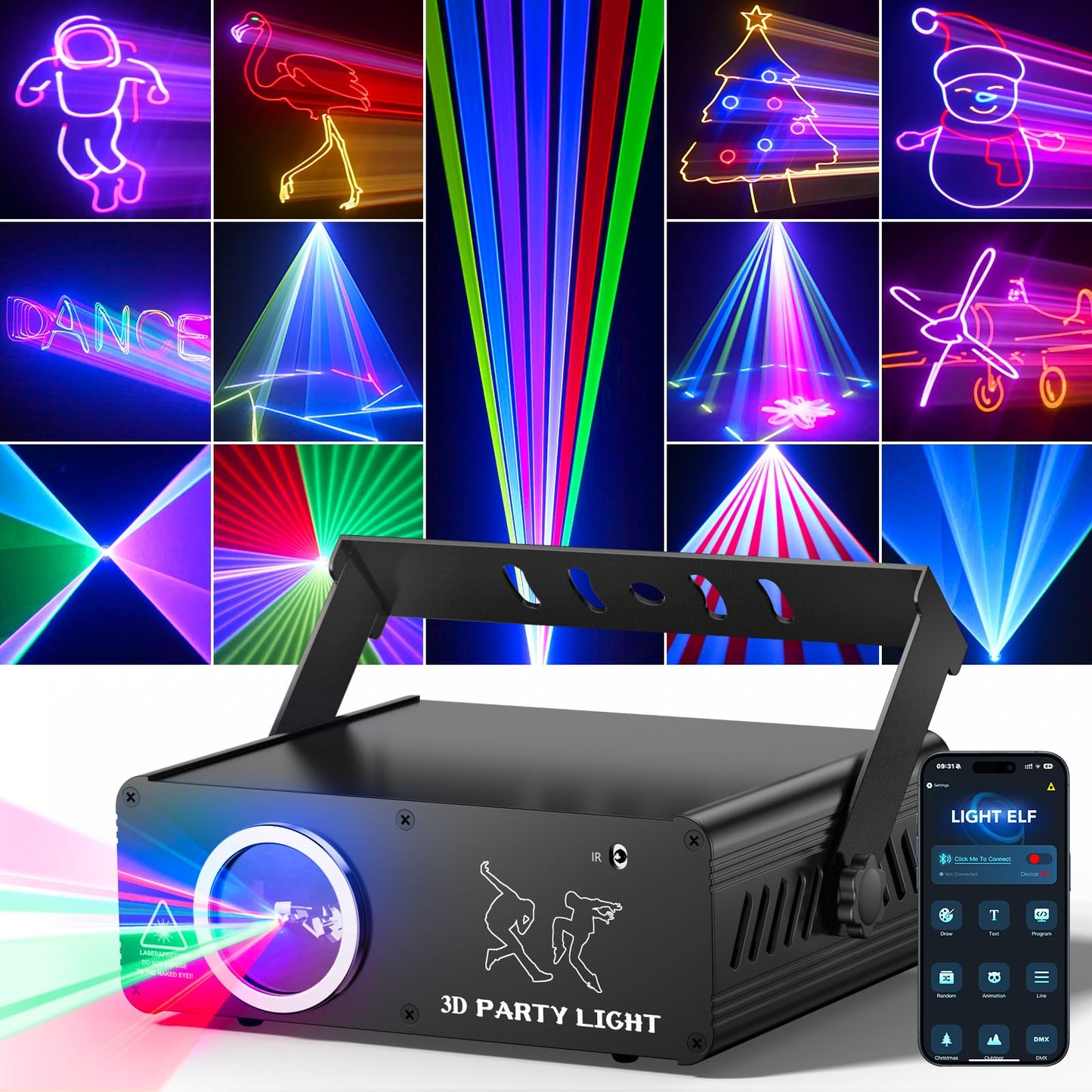 KeoBin APP DJ Laser Lights Professional - 200+ 3D RGB Animation Laser Light Show, Hand Drawing, Custom Patterns, Sound Actived & DMX Sync for Party, Stage, Club