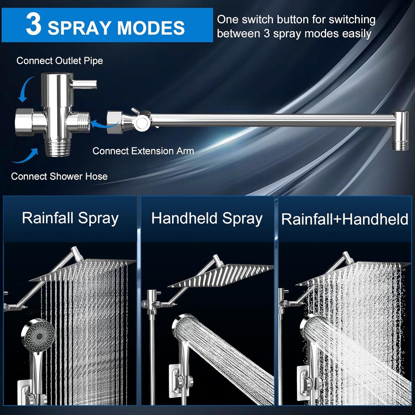 Regine Switzerland Rain Shower Head - 10 Inch High Pressure Dual Showerhead Set with Handheld Spray | Silver