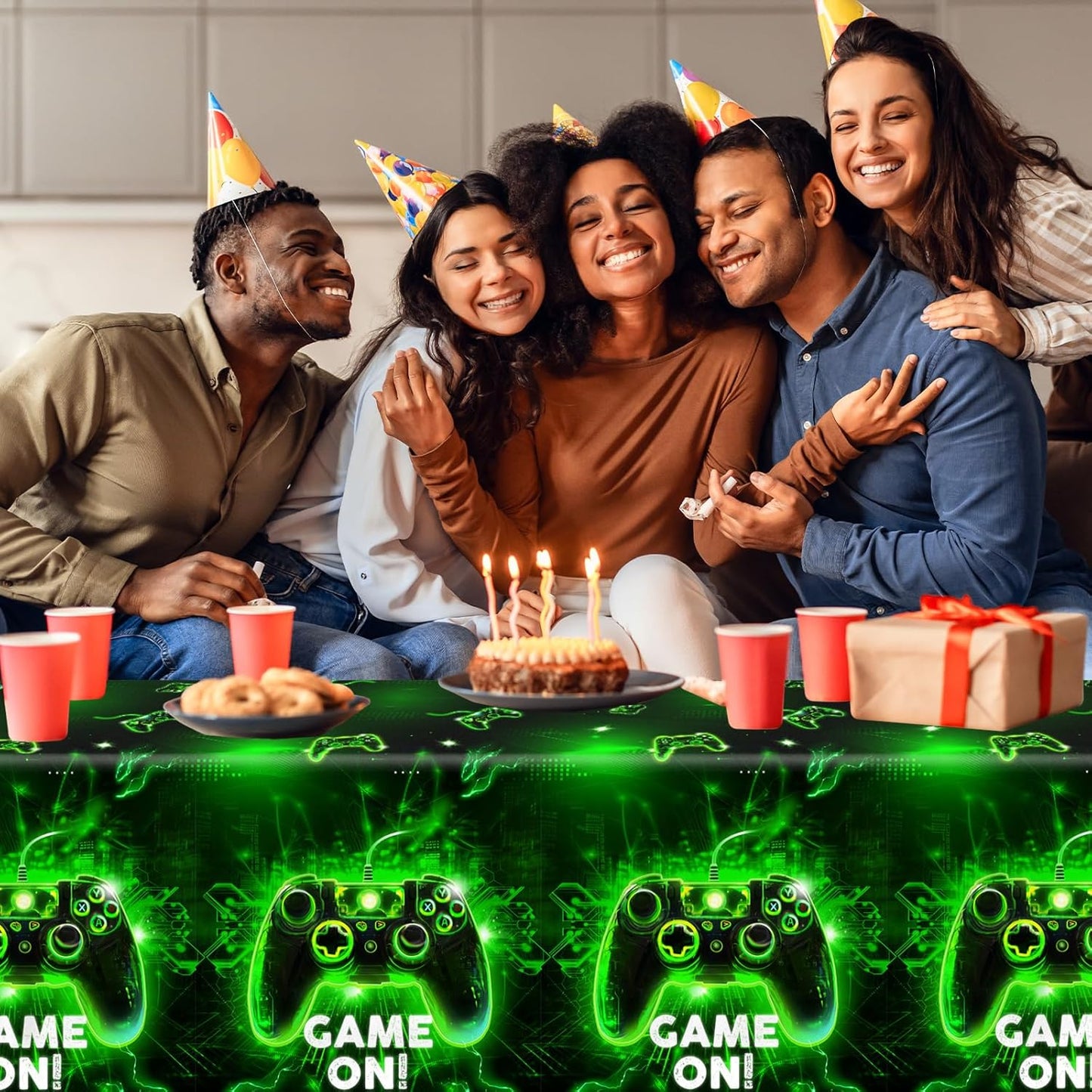 Skiennix Video Game Tablecloth - Neon Gaming Design for Boys & Girls | 4-Pack Rectangle Party Decor