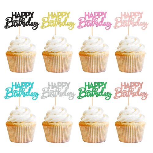 Ercadio 24 Pack Happy Birthday Cupcake Toppers - 8 Vibrant Colors for Kids' Parties & Celebrations