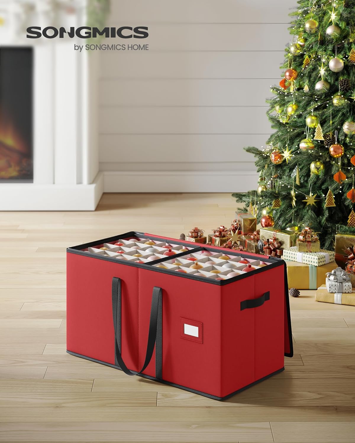 SONGMICS Christmas Ornament Storage Box - Stackable Dual Zipper Container with 128 Slots - Cherry Red, 600D Oxford