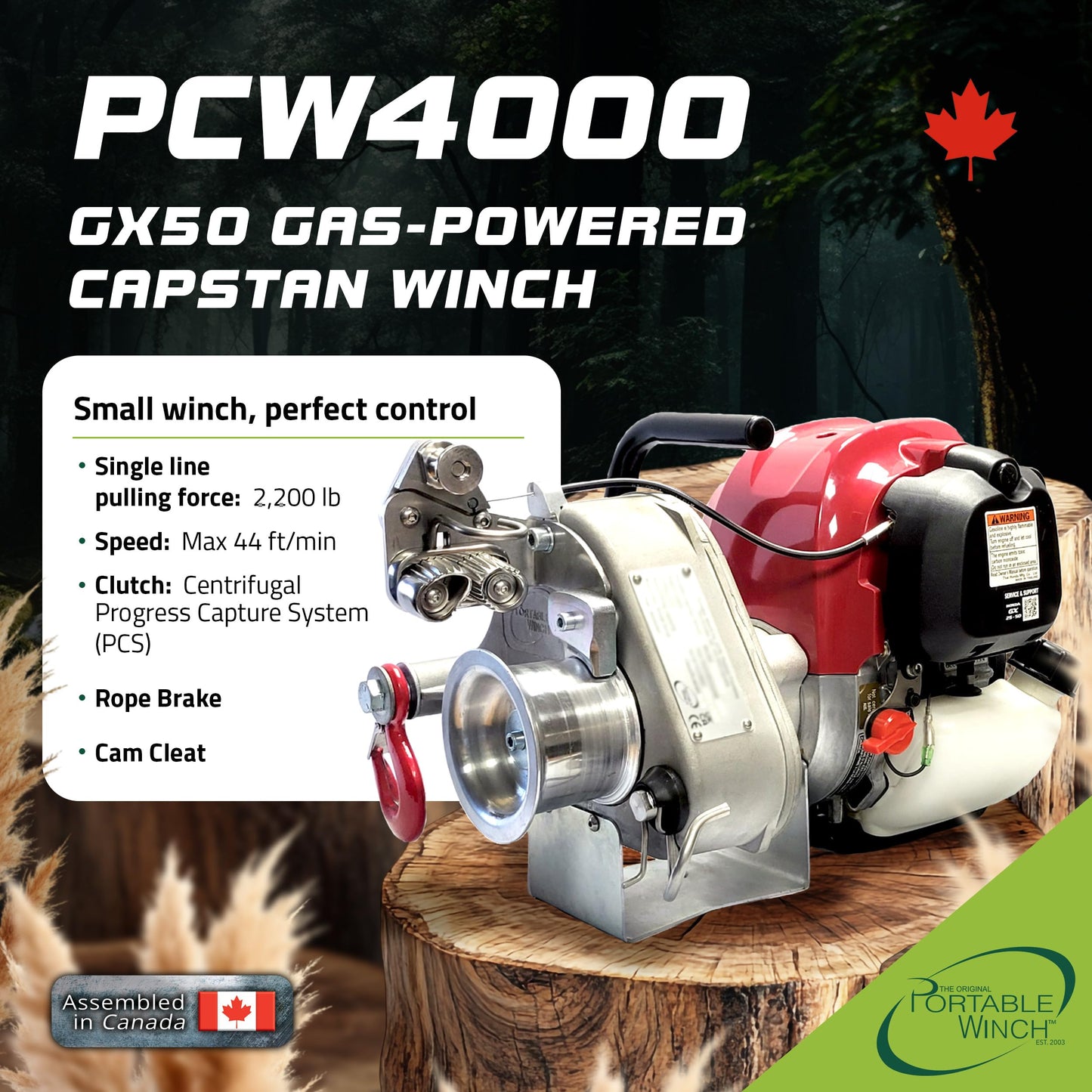 Portable Winch PCW4000 Gas Powered Capstan Winch, 2200 lb Pulling Force, Portable Honda GX50 Engine, Unlimited Rope Length for Hunting, Logging, and Towing